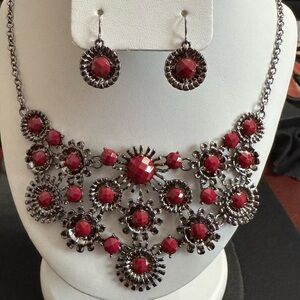 Park Lane Red,Black and Silver Statement Bib Necklace with Matching Earrings